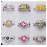 9pc sterling rings with faceted stones,