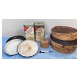 vintage cracker tins, sieves, tin plates, mold