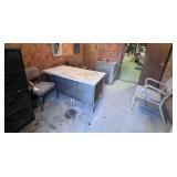 desk, chairs, filing cabinet, safe (locked)