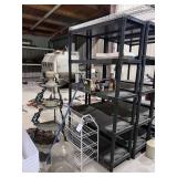 4 plastic shelves, metal corner shelf, bottle,