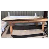 wood work table on casters, metal shelf