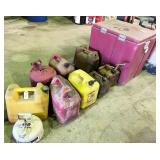 gas cans, chest and contents