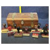 Wooden box with rubber stamps
