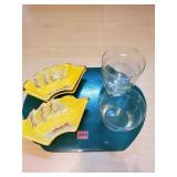 4 Yellow Calif. Pottery Dishes & 3 Glass Flower