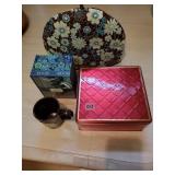 Tea Cozy, 2 Mugs & Red Tin