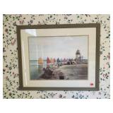 Light House Print with Sail Boat - Gray Frame