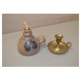 Pottery Lantern & Brass Candlestick
