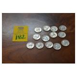 Lot of 13 90% SILVER Quarters  1964