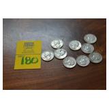 Lot of 9  90% SILVER Quarters  1962