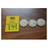Lot of 3 Franklin Half Dollars 90% SILVER 52-57-61