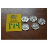 Lot of 5 90% SILVER Quarters 1952