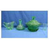 Vintage Green Glass-Lidded Candy Bowl, Creamer,
