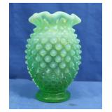 Fenton Green Glass Small Vase Hobnail