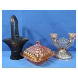 Vintage Carnival Glass Candlestick Holder & Candy
