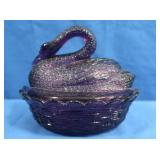Vintage Amethyst Glass Swan on Nest-unmarked