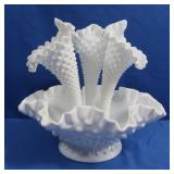 Vintage Fenton Hobnail 3-Horn Epergne-Milk Glass