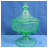 Antique Green Depression Lidded Compote-etched