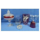Glass Covered Candy Dish, Handpainted Vase