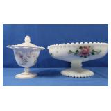 Handpainted Milk Glass Compote w/Lid & Large