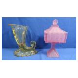 Vintage Pink Satin Glass Footed Candy Dish w/Lid,