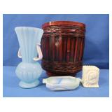 Small Glass Vase, 2 Small Glass pcs, Wicker