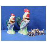 2 Handpainted Roosters, 3 Gold Painted Porcelain