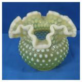 Antique Fenton Vaseline Opalescent Hobnail Ruffle
