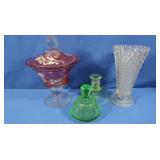 Green Depression Candy Dish, Cranberry Candy Dish,