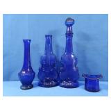4 pcs Cobalt Blue Glass, 2 Decanters (1 missing