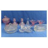 Vintage Pink Glass Lidded Jar & Candlesticks,
