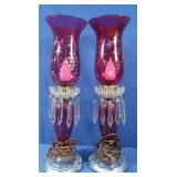 2 Antique Ruby Flash Lamps w/Prisms & Chimney