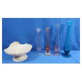Glass Candy Dish & 4 Slender Glass Vases