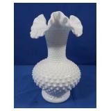 Vintage Fenton Hobnail Milk Glass Ruffled Vase