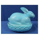 Vintage Blue Milk Glass Bunny on Nest-marked "S"