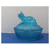 Vintage Blue Glass Fox w/Catch on Nest-unmarked