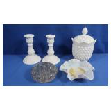 White Hobnail Candy Dish, Container w/lid & 2