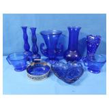 9 pcs Vintage Cobalt Glass, Vases, Creamer &