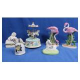 2 Lefton China Pink Flamingos, Musical Carousel,