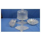 Glass Cake Stand w/Dome & Asst Glass Serving