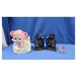 Ceramic Cat Bookends, Ceramic Pot & Glass
