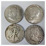 Silver Half Dollars-1946,1961,1963,1964 90%