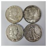 Silver Half Dollars-1945D,1952,1958,1964 90%