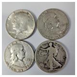 Silver Half Dollars-1917S,1952,1954,1964 90%
