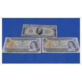 1934A $10 Bill,2-1973 $1 Canadian Bills