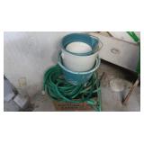 2 Garden Hoses(length unknown), Plastic Buckets &