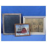 Small Chalkboard & 2 Wood Framed Pictures
