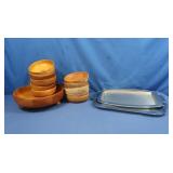 Metal Service trays & Wooden Bowl Set