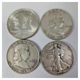 Silver Half Dollars-1938,1950,1951,1964 90%