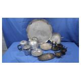 Pewter Serving Platter, Tea Kettle, Coffeepot &