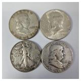 Silver Half Dollars-1946D,1951,1962,1964 90%